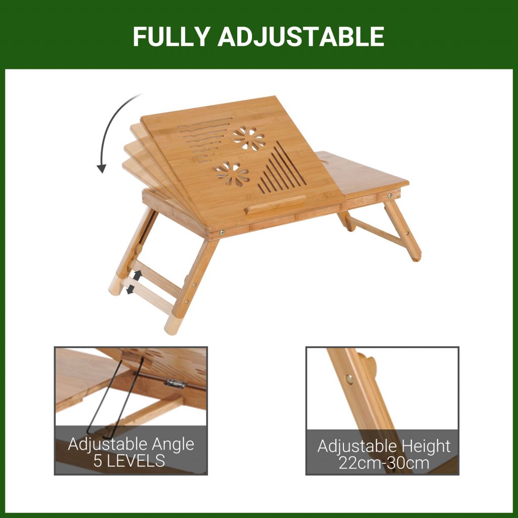 Ξύλινο Βοηθητικό Πτυσσόμενο Τραπέζι Πολλαπλών Χρήσεων με Βάση για Laptop – Portable Bamboo Laptop Desk With Drawer and Adjustable Folding Legs To Use On Bed Desk Sofa Couch
