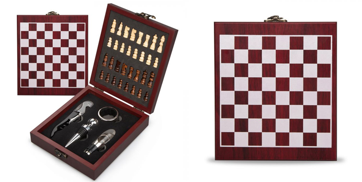 Σετ Αξεσουάρ Κρασιού Ξύλινη Βαλίτσα με Σκάκι - Wine Accessories Set Wooden Suitcase with Chess - gift cyprus - gift online cyprus - wineset gift - skroutz cyprus