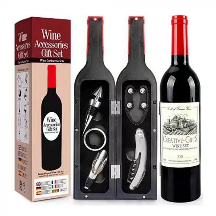 Σετ Αξεσουάρ Κρασιού Wine Gift Set 5 Τεμ. Σε Θήκη Με Σχήμα Μπουκάλι Κρασί, Για Τους Λάτρεις του Κρασιού - whatson cyprus - whatsnew cyprus