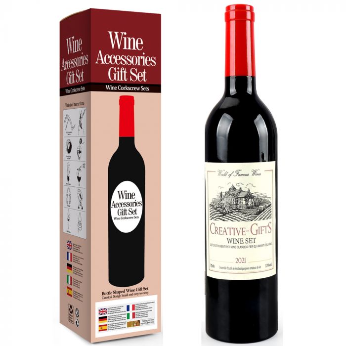 Σετ Αξεσουάρ Κρασιού Wine Gift Set 5 Τεμ. Σε Θήκη Με Σχήμα Μπουκάλι Κρασί, Για Τους Λάτρεις του Κρασιού - whatson cyprus - whatsnew cyprus